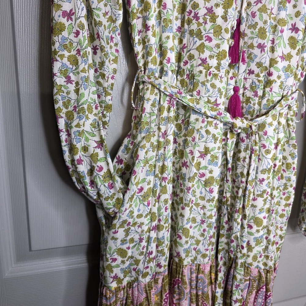 A Loves A Boho Floral Paisley Midi Dress Tassel Tie Long Sleeve Sz S Cottagecore - Picture 3 of 8